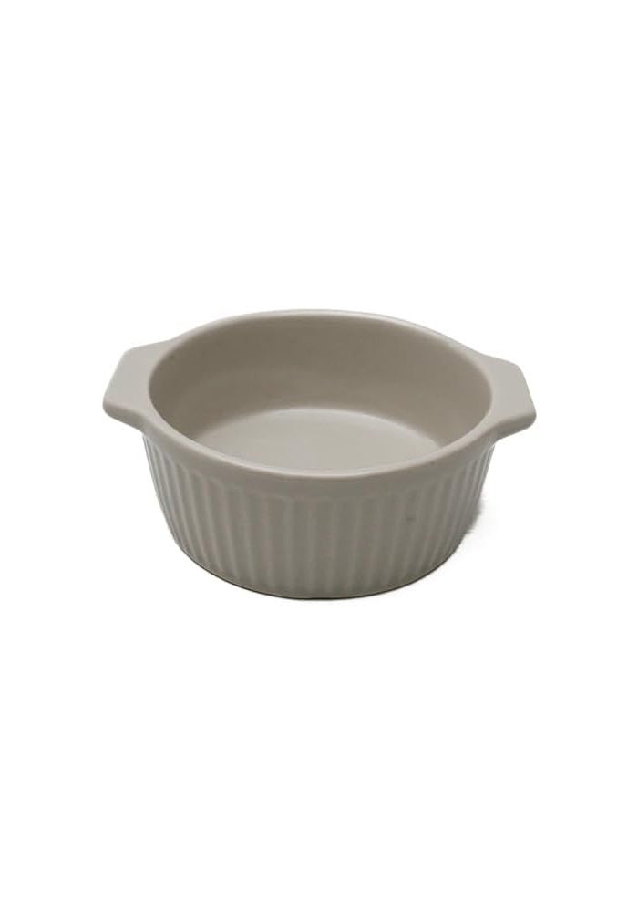Daiso Greige Ceramic Round Baking Dish with Handles - Stripe Embossed Casserole Gratin Pan - Image 1